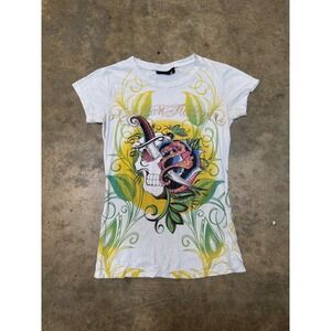 Christian Audigier Womens L Skull Dagger Rhinestone Graphic T-Shirt White